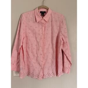 Lauren Ralph Lauren 100% Linen Pink Eyelet Button Up Scalloped Hem Women's Sz 1X